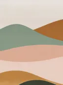 Abstract landschap schilderij met glooiende heuvels in olijf en oranje