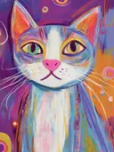Wit-blauwe kat met gele ogen tegen een paars-oranje achtergrond met cirkels