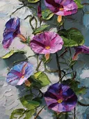 Schilderij van pastelkleurige roze, lila en blauwe ochtendglorie-bloemen