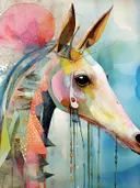 Pastel paardenkop met roze pompon, surrealisme schilderij