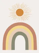 Schilderij van een pastelkleurige regenboog met een zon erboven