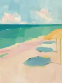 Pastelkleurig schilderij van een strand met handdoeken en een gele parasol aan zee.