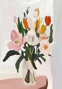 Schilderij van een pastel boeket tulpen en pioenrozen