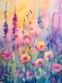 Aquarel met paarse en roze vingerhoedskruid-aren en veldbloemen tegen een pastel regenboogachtergrond