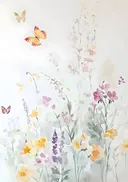 Schilderij van vlinders tussen pastelkleurige bloemen