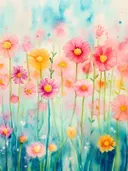 Roze en gele wilde bloemen in een weide tegen een blauwgroene achtergrond