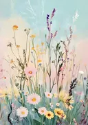 Schilderij van een pastelkleurig wilde bloemenveld