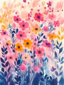 Aquarel schilderij van een pastelkleurig veld met wilde bloemen in roze en geel