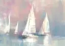 Abstract schilderij van zeilboten op zee in pastelkleuren