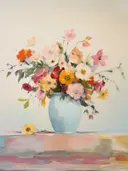 Pastelkleurig bloemboeket van rozen, papavers en gerbera's in een lichtblauwe vaas op een tafel