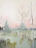 Pastelkleurig mistig bos met kale bomen in zachte roze en blauwe tinten