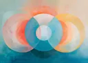 Abstract schilderij van overlappende pastelkleurige cirkels in blauw, koraal en geel