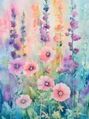 Aquarel schilderij van paarse en roze stokrozen tegen een pastelkleurige achtergrond