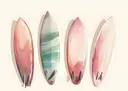 Illustratie van vier surfboards in pastelkleuren roze, groen en wit