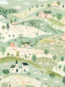 Groen glooiend landschap met huisjes en grazende schapen