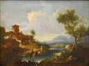 Pastoral Landscape van Giuseppe Zais: landschap met bomen, rivier, koeien en ruine, in warm bruin en groen