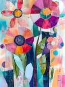 Patchwork bloemen op stelen, botanisch schilderij