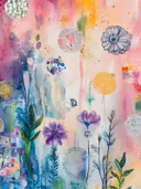 Patchwork cirkels en paarse lijntekening bloemen op een roze-gele achtergrond