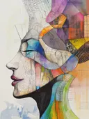 Kleurrijk collage-schilderij van een gezicht in profiel opgebouwd uit geometrische patchwork-vlakken