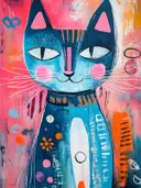 Kat met patchwork-patroon van stoffen en texturen, oranje driehoekige ogen
