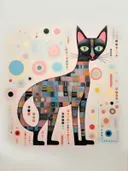 Decoratieve patchwork-kat illustratie met kleurrijke vlakken op pastel stippenachtergrond