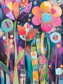 Patchwork tulp met gemengde patronen en een roze bloem met turquoise middelpunt op een donkere achtergrond met cirkels.
