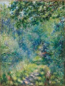 Path in the Forest van Pierre-Auguste Renoir: landschap met bospad, bomen, bladeren en gras, in fris groen en blauw