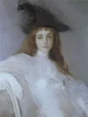 Paul jeune fille au chapeau noir Pastel van Paul César Helleu: portret met jonge vrouw, zwarte hoed, witte jurk en lang haar, in zacht wit en zwart