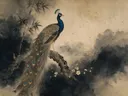Pauw in diep inktzwart, schilderij van een pauw, oosterse stijl
