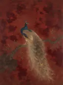 Schilderij van een pauw, oosterse stijl in lakrood