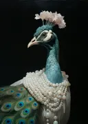 Pauw schilderij met parelketting en kleurrijke staartveren, dierenkunst