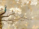 Pauw tussen magnolia bloesems