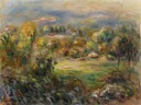 (Paysage à Cagnes fragment).webp van Pierre-Auguste Renoir: landschap met heuvels, bomen, velden en zuiden, in zacht oranje en groen
