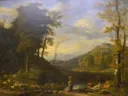 Paysage arcadien avec bergers et joueur de flûte van Johannes Glauber: landschap met herder, fluit, bomen en heuvels, in groen, blauw en geel