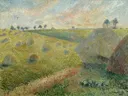 Paysage avec meules, Osny (PD 718) van Camille Pissarro: landschap met hooibergen, velden, heuvels en bomen, in licht groen en roze