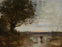 Paysage composé, effet de soleil levant van Jean-Baptiste-Camille Corot: landschap met zonsopgang, boom, water en oever, in warm bruin en zilvergrijs
