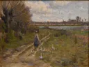Paysage, gardeuse d'oies van Henri Le Sidaner: landschap met ganzen, pad, vrouw en weiland, in warm bruin en groen