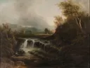 Paysage Norvégien van Jacob van Ruisdael: landschap met waterval, rotsen, dennen en bomen, in donkergroen en grijs