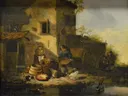 Paysan donnant à manger à des poules van Egbert van der Poel: landschap met boerderij, kippen, boerin en potten, in warm bruin en geel