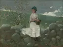 Peach Blossoms van Winslow Homer: figuren met vrouw, bloesem, lente en rotsen, in gedempt groen met wit