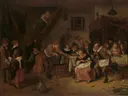 Peasant wedding van Jan Steen: figuren met bruiloft, boeren, herberg en dans, in warm bruin