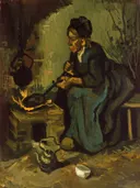 Peasant Woman Cooking by a Fireplace van Vincent van Gogh: figuren met vrouw, haard, koken en pot, in donker bruin met groen