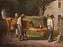 Peasants Bringing Home a Calf Born in the Fields van Jean-Francois Millet: figuren met boeren, kalf, koe en dragen, in warm bruin en grijs