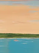 Schilderij gezien van bovenaf van twee mensen op een suppboard in de golven bij zonsopgang.