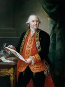 Pedro López de Lerena, graaf van Lerena van Mariano Salvador Maella: portret met zwaard, boeken en pen