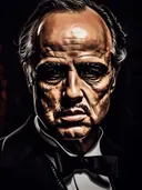 Donker portret schilderij van een oudere man in smoking, geïnspireerd op de maffiawereld