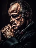 Portret schilderij van een peinzende man met gevouwen handen, ring en horloge