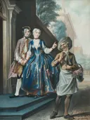 Pefroen and the Sheep's Head by 185 van Cornelis Troost: figuren met mensen, trap, straat en mand, in blauw en wit