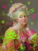 Graffiti-kunstwerk 'Peinzende Vrouw Graffiti Editie', klassiek portret met street-art overspoten