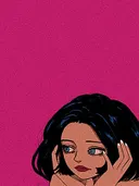 Pop-art portret van een vrouw met donker haar op magenta achtergrond